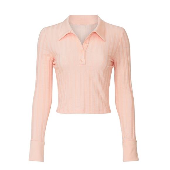 JONATHAN SIMKHAI Pink Val Rib Cropped Polo Long Sleeves Collared Shirt size XS - Picture 2 of 11